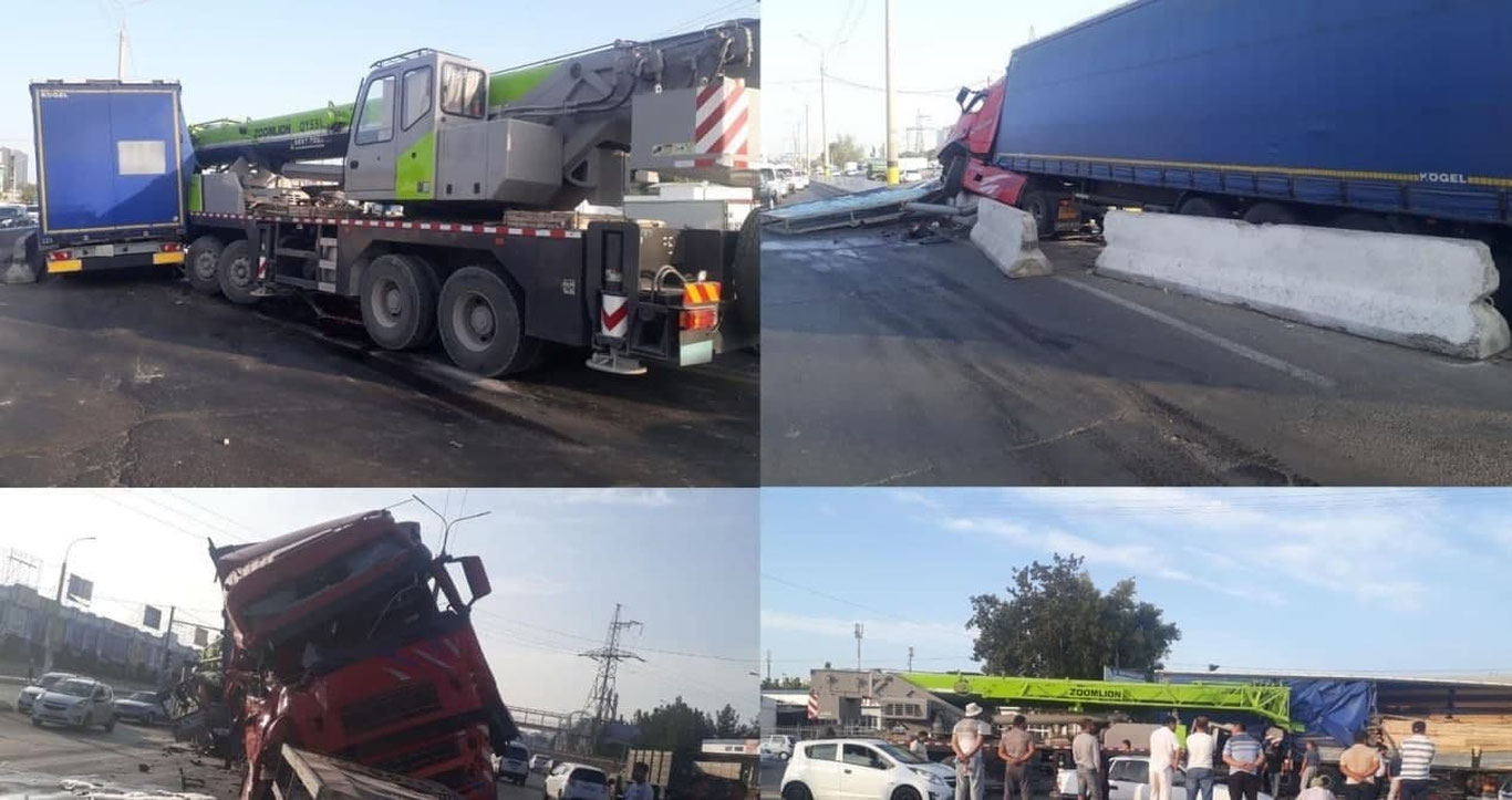 «Бек тўпи» рўпарасида автокран ва юк автомобили тўқнашди