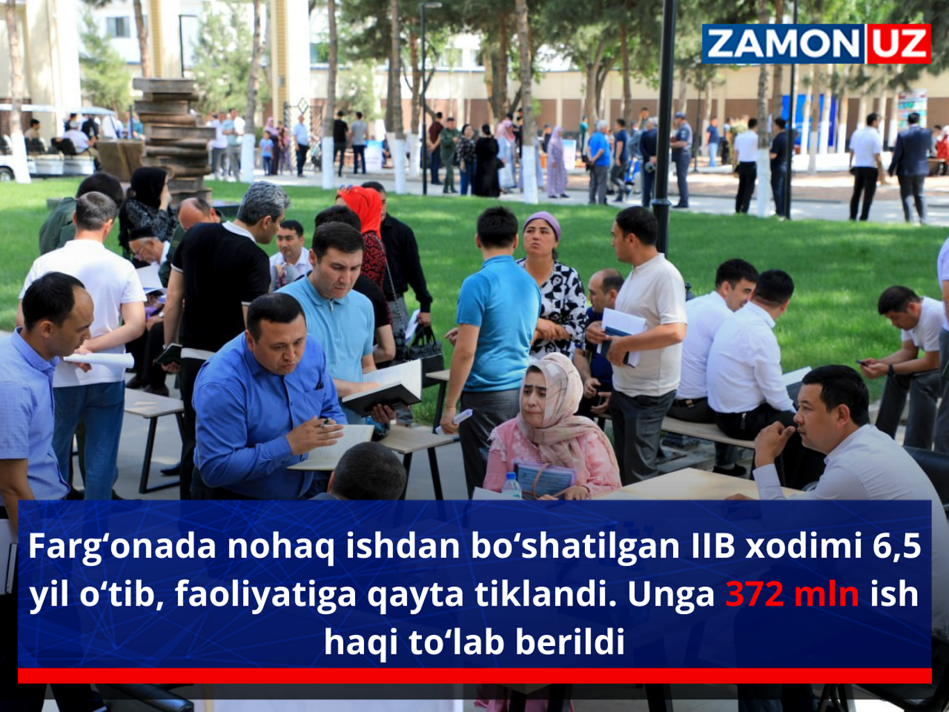 Farg‘onada nohaq ishdan bo‘shatilgan IIB xodimi 6,5 yil o‘tib, faoliyatiga qayta tiklandi. Unga 372 mln ish haqi to‘lab berildi