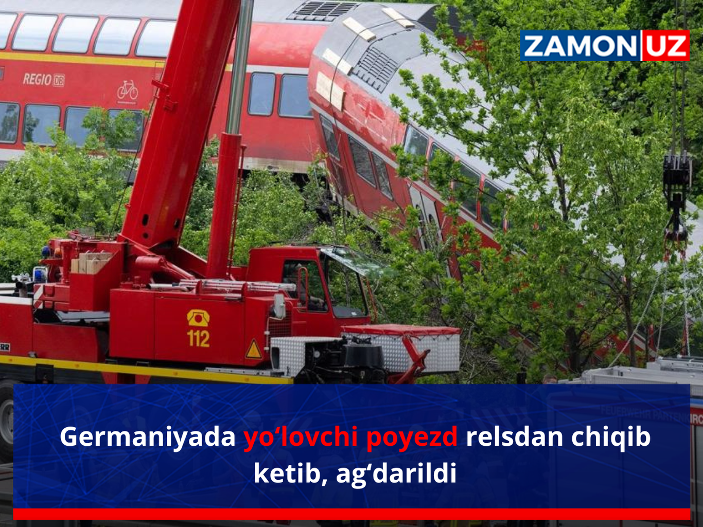 Germaniyada yo‘lovchi poyezd relsdan chiqib ketib, ag‘darildi