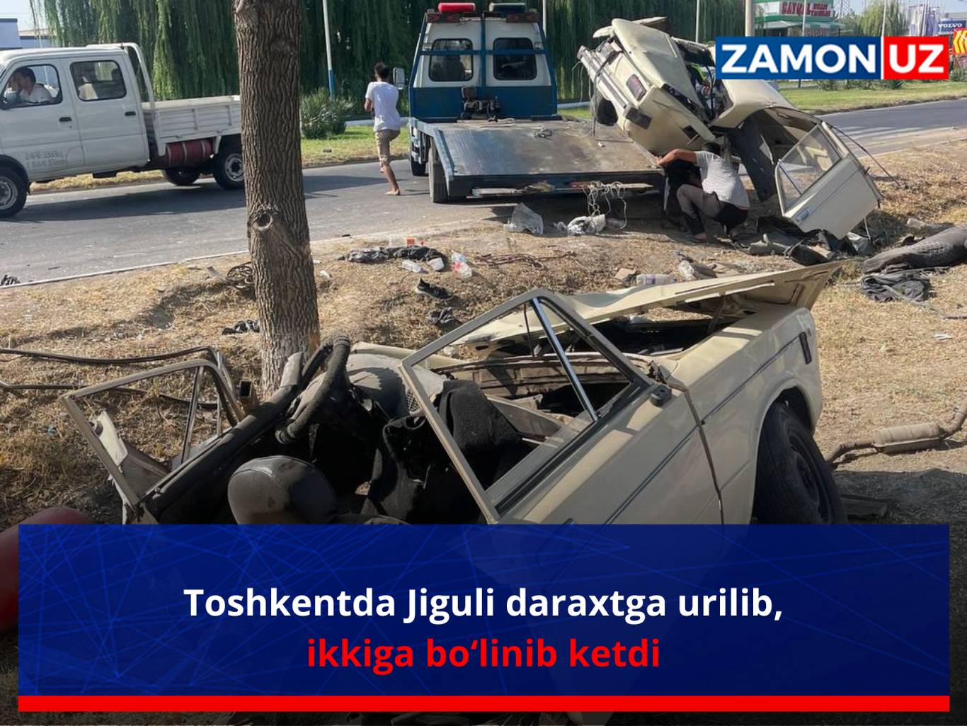Toshkentda Jiguli daraxtga urilib, ikkiga boʻlinib ketdi