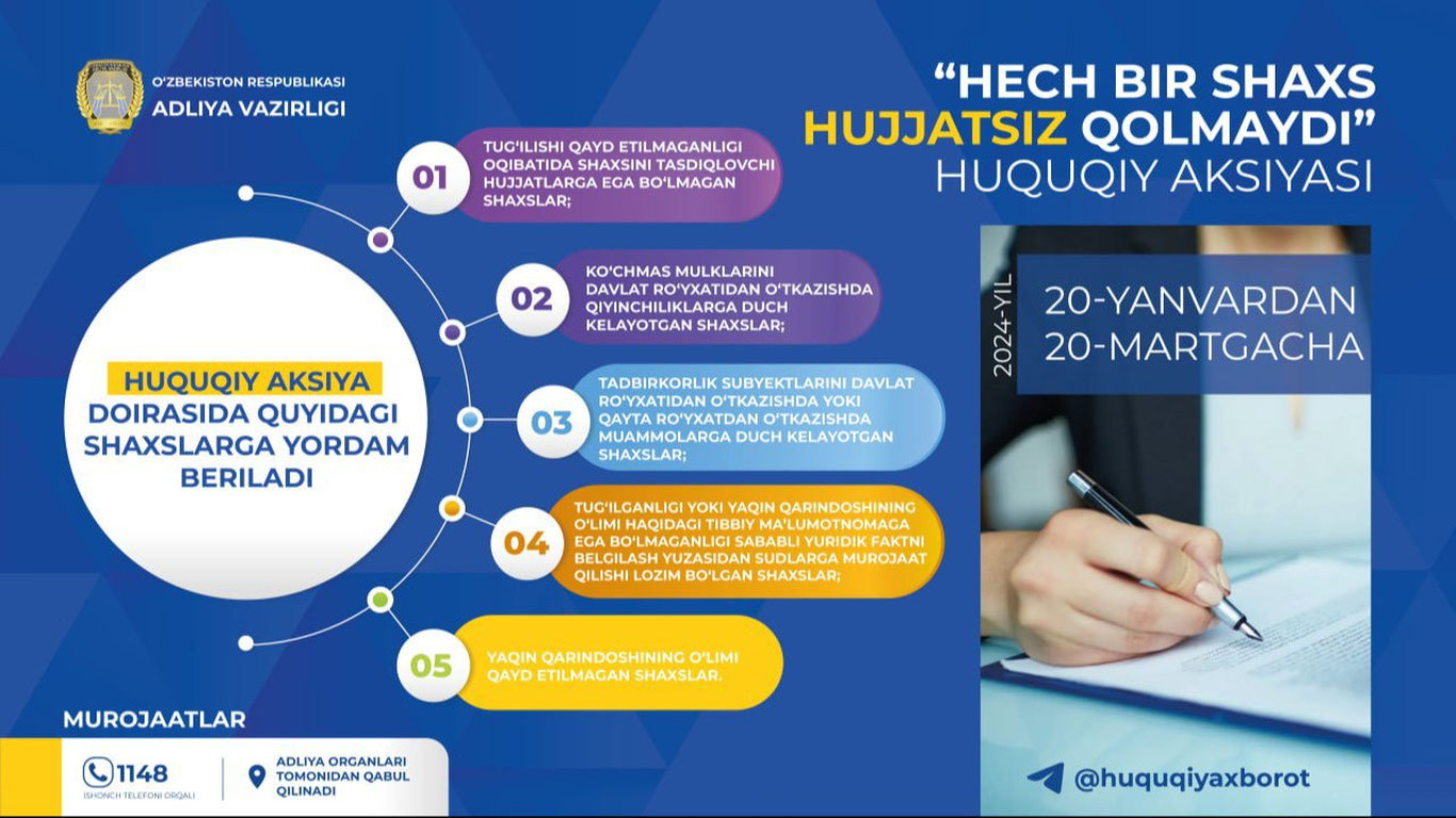 “Ҳеч бир шахс ҳужжатсиз қолмайди” ҳуқуқий акциясига старт берилди