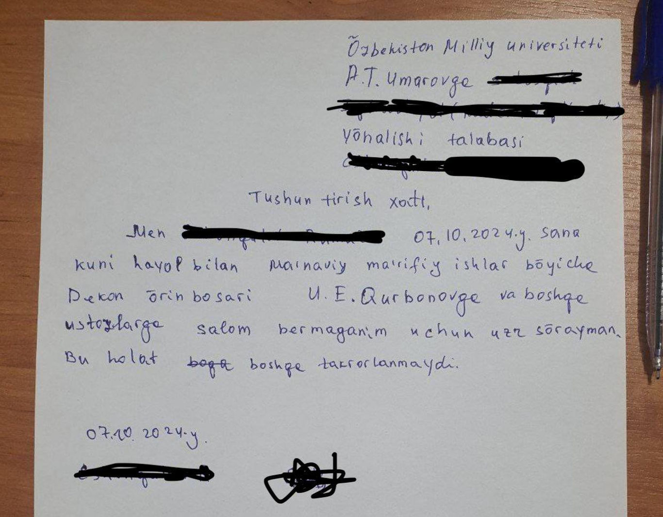 Milliy universitetda talaba salom bermagani uchun jazolandi