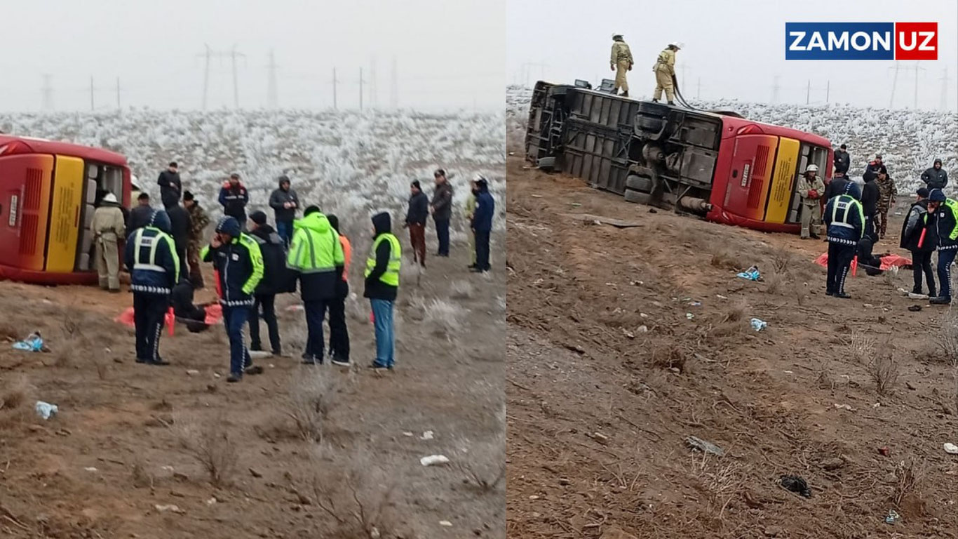 Навоийда ичида 47 нафар одам бўлган автобус ағдарилиб кетди