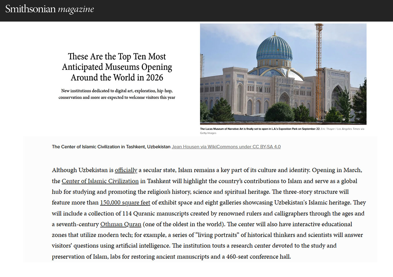 O‘zbekiston Islom sivilizatsiyasi markazi dunyoning TOP-10 kutilayotgan muzeylari qatoriga kiritildi