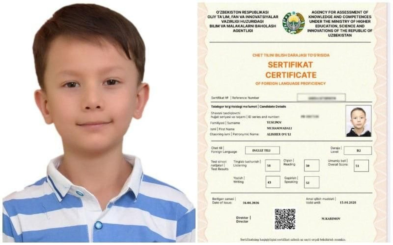 Навоийда 8 ёшли ўқувчи инглиз тилидан B2 сертификатини қўлга киритди